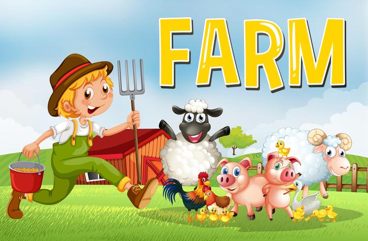 Scena di fattoria con contadino e animali vettore