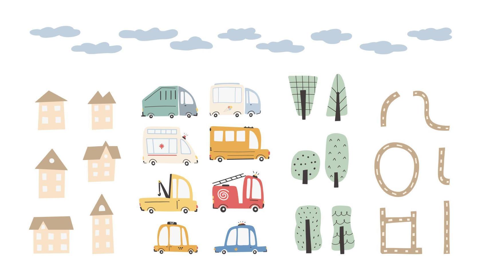 city car per bambini con graziose case e alberi. trasporto divertente. fumetto illustrazione vettoriale in semplice stile scandinavo disegnato a mano infantile per i bambini. l'autopompa, l'ambulanza, la polizia, l'autobus.