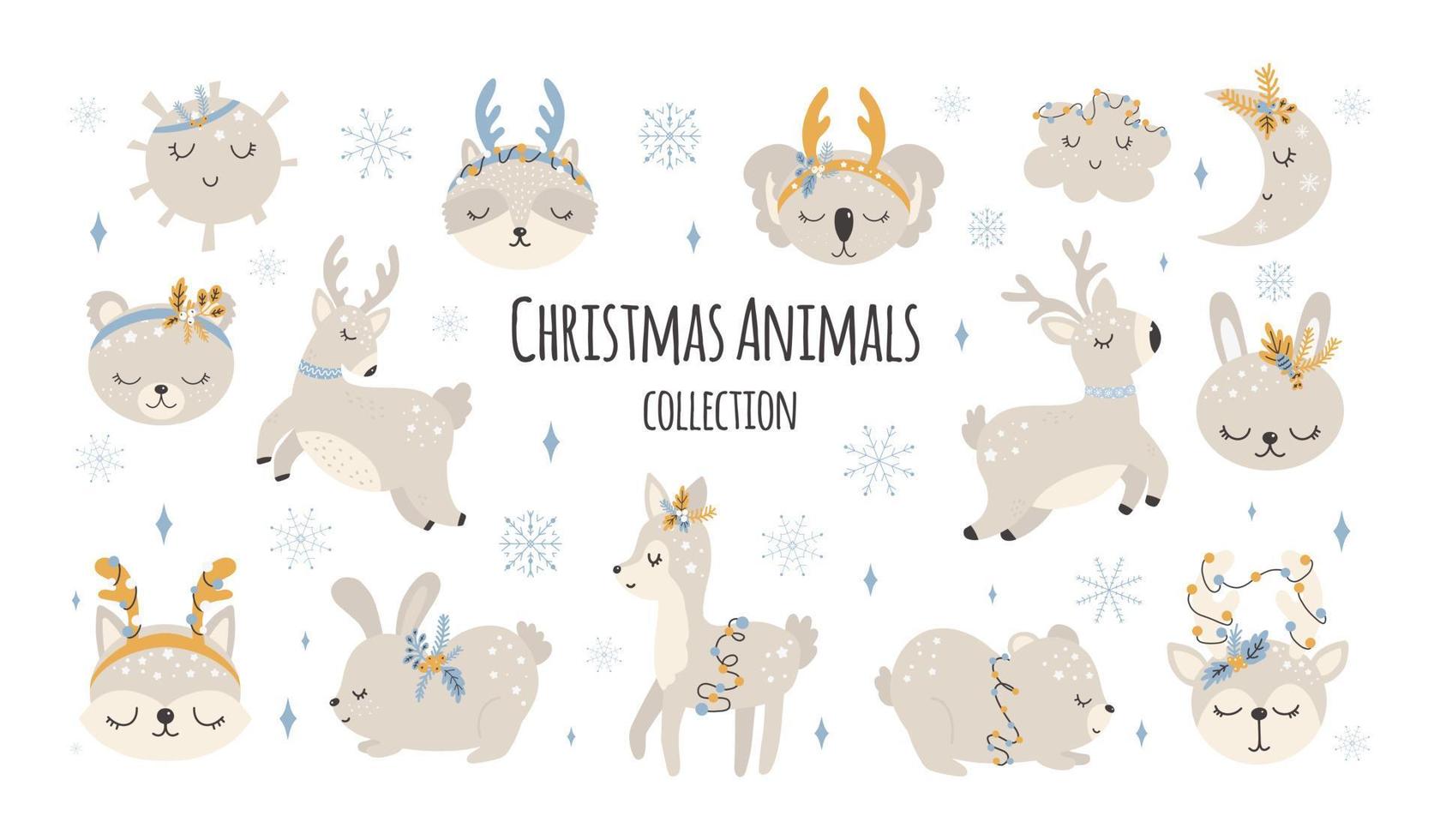 collezione di simpatici animali natalizi, illustrazioni di buon natale di orso, coniglietto con accessori invernali. stile scandinavo su sfondo bianco. vettore