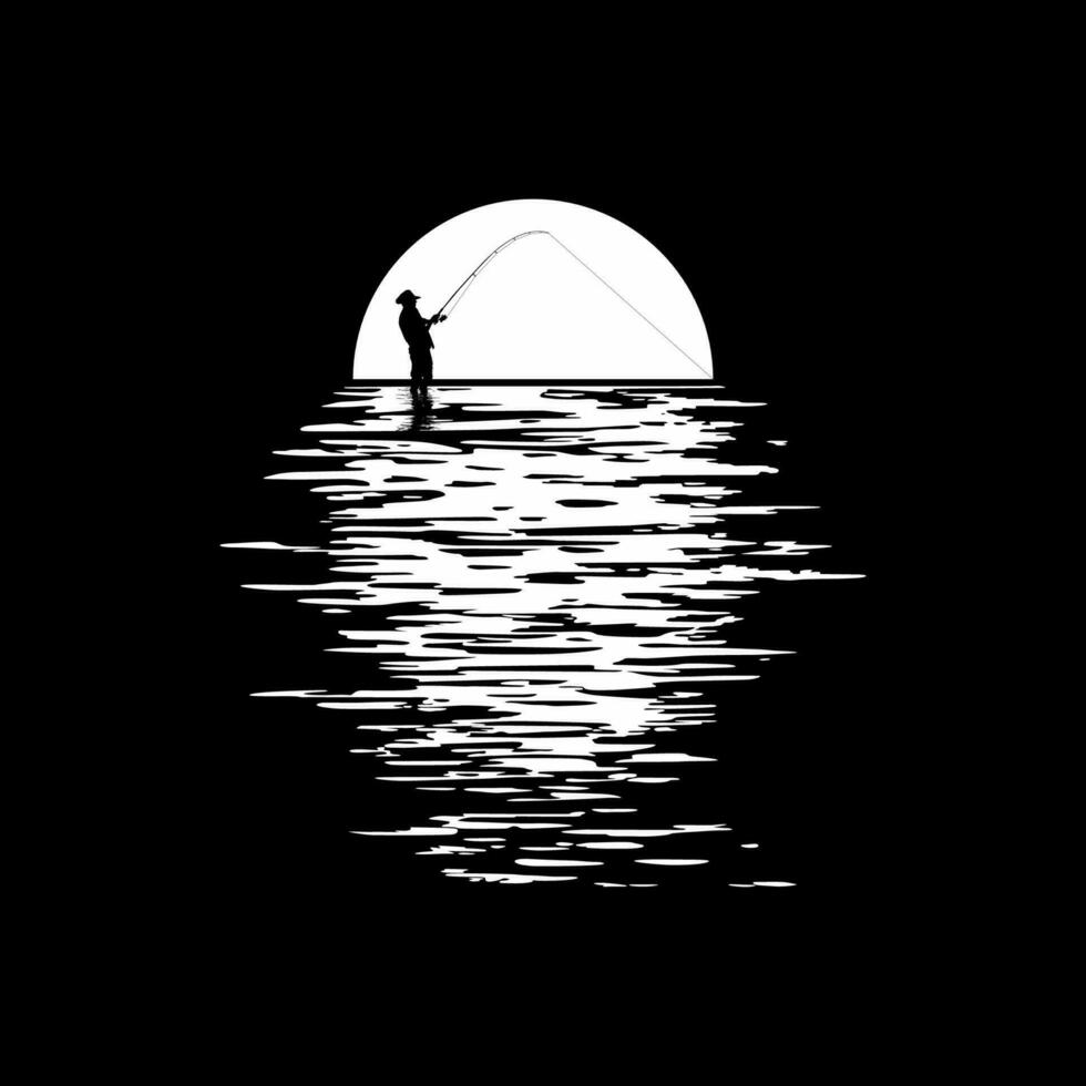 silhouette di il pescatore o pescatore su il tramonto o tramonto Visualizza. vettore illustrazione