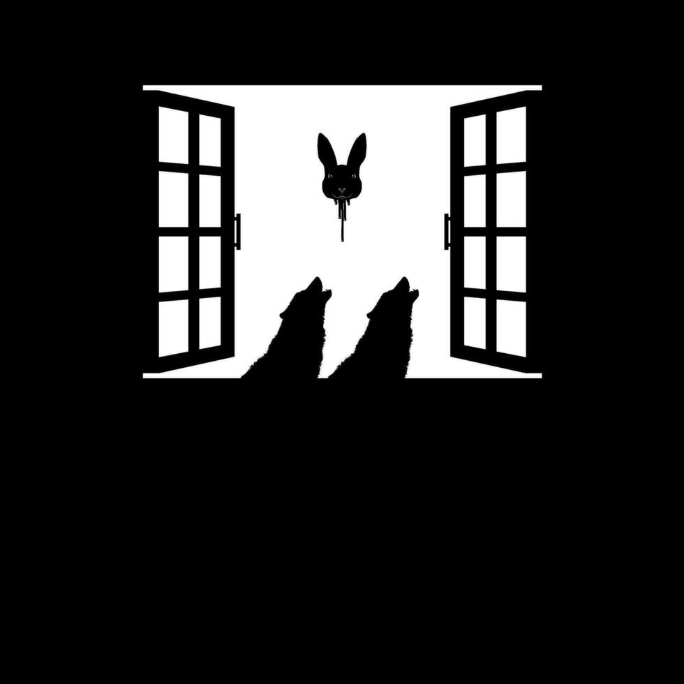 lupo e volante sanguinoso coniglio testa su il finestra silhouette, drammatico, raccapricciante, orrore, allarmante, mistero, o spaventoso illustrazione. arte illustrazione per orrore film film o Halloween manifesto elemento. vettore