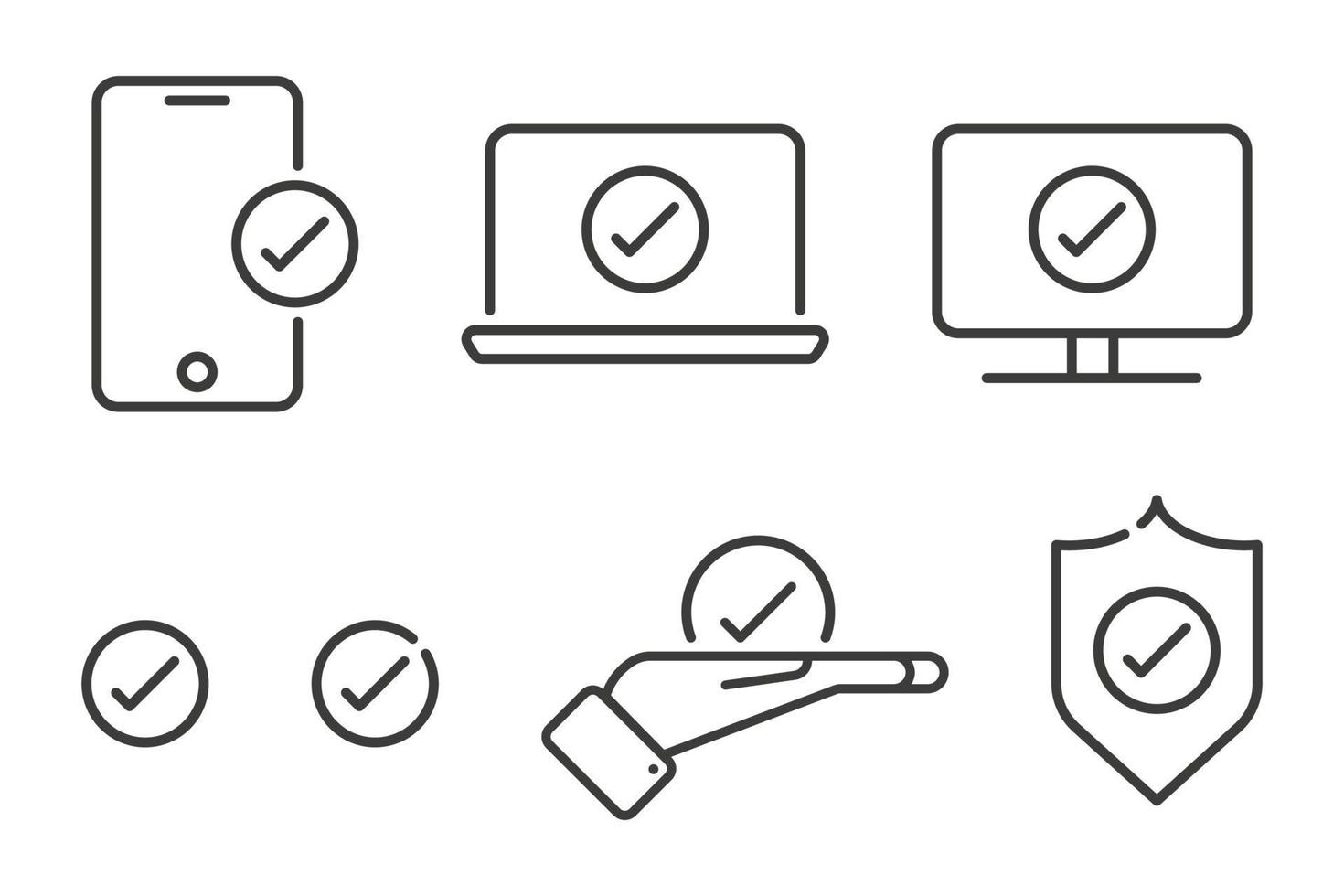 set di conferma, approvato, ok, diverse icone per smartphone, laptop, computer, mano e scudo. illustrazione vettoriale