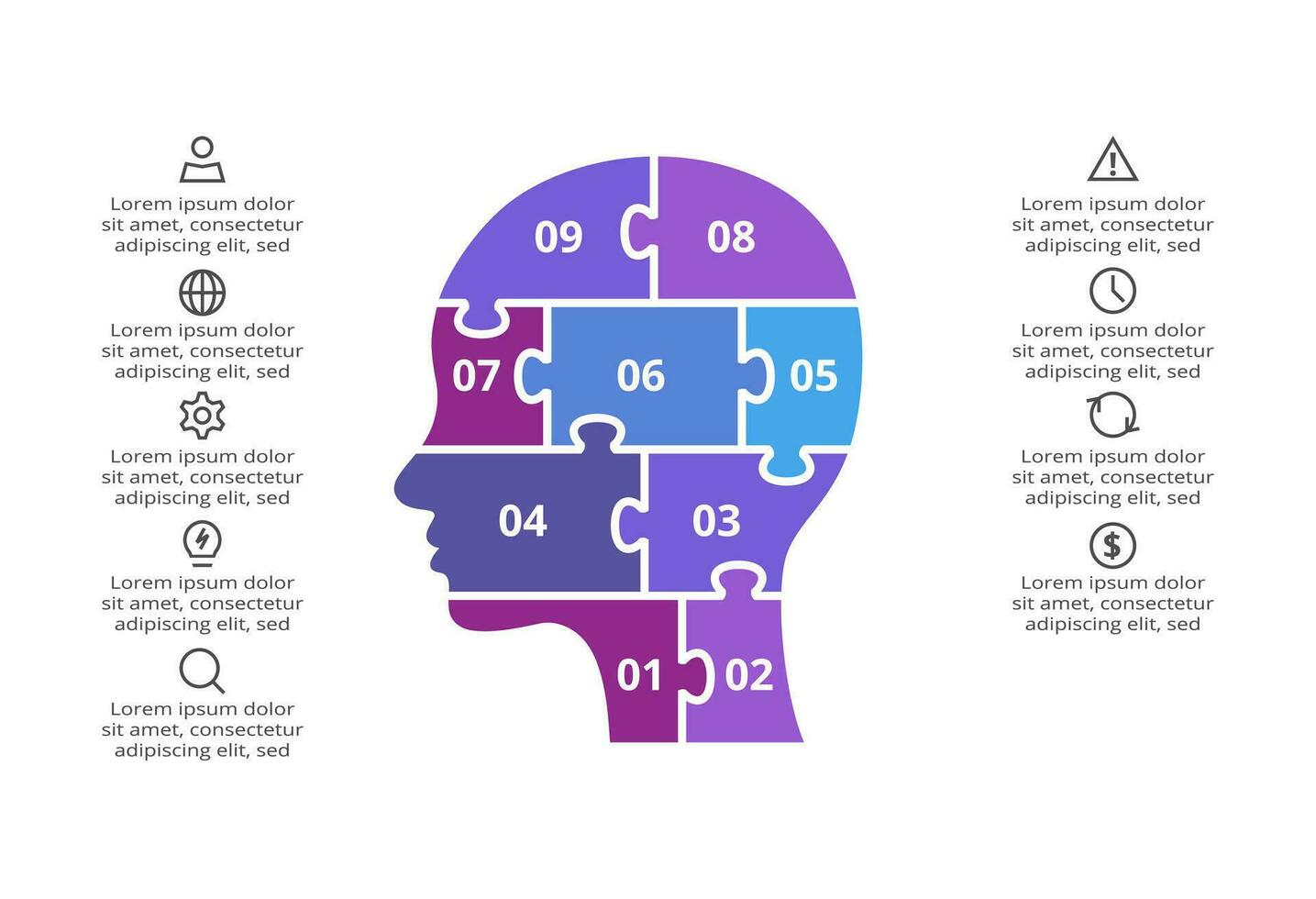 puzzle Infografica con 9 elementi, presentazioni, vettore illustrazione.