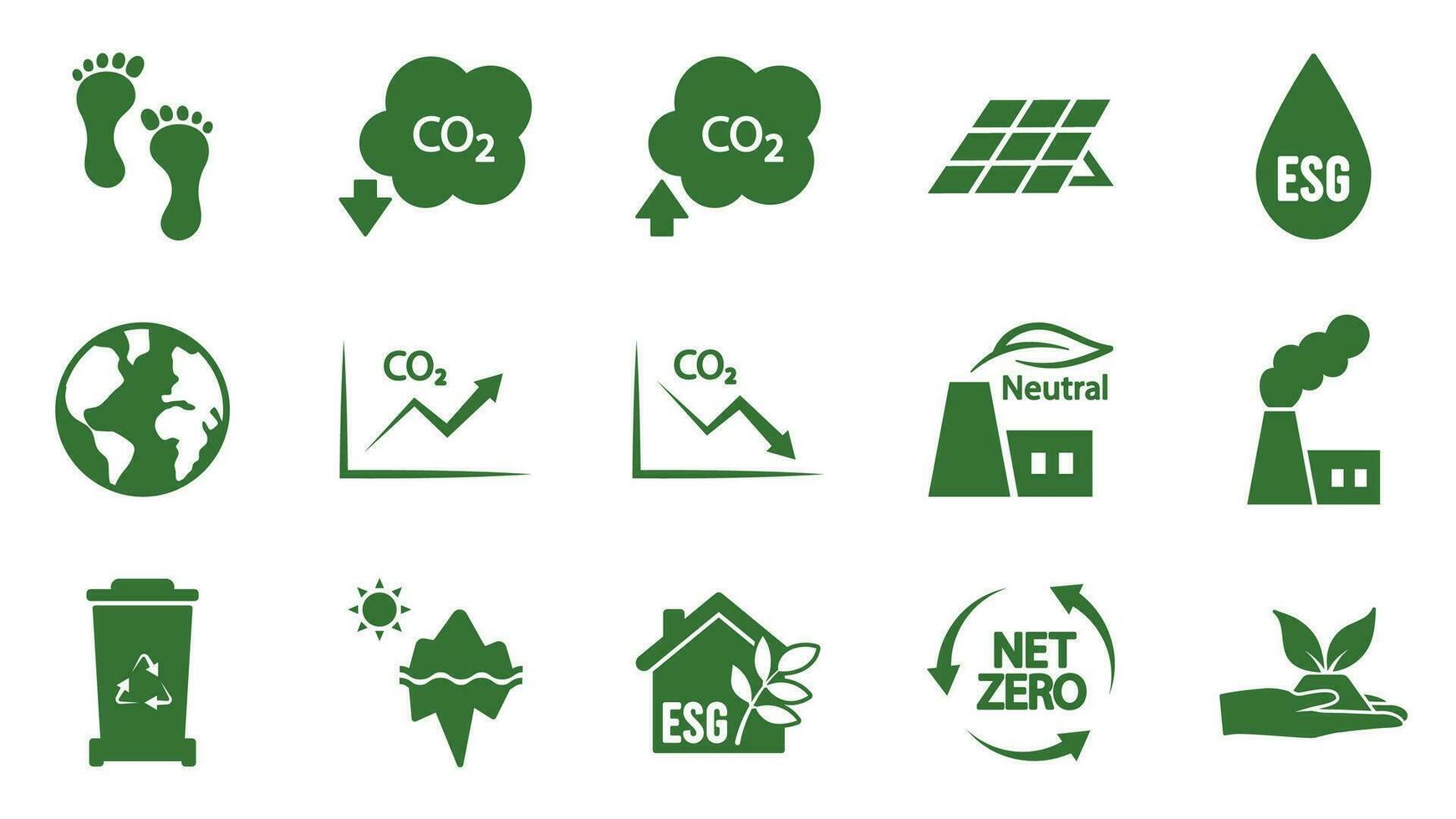 icona collezione con zero emissioni esg simbolo concetto. serra gas carbonio credito design impostare. proteggere ecologico verde vettore glifo. carbonio netto zero neutro naturale. carbonio orma arte pittogramma