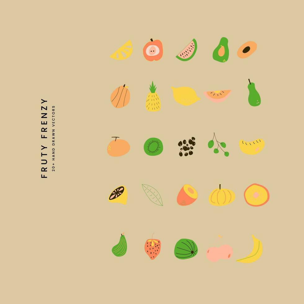 frutta collezione nel piatto mano disegnato stile, illustrazioni impostare. tropicale frutta e grafico design elementi. ingredienti colore clipart. schizzo stile frullato o succo ingredienti. vettore