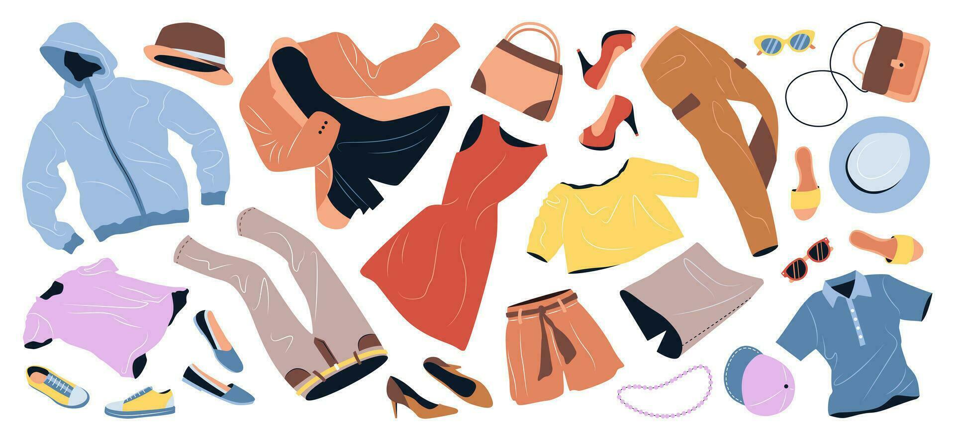 impostato di moda Abiti per donne. casuale indumenti e Accessori per primavera e estate. giacca, borse, scarpe, i pantaloni, corti, cappelli volare. piatto vettore illustrazioni isolato su bianca sfondo.