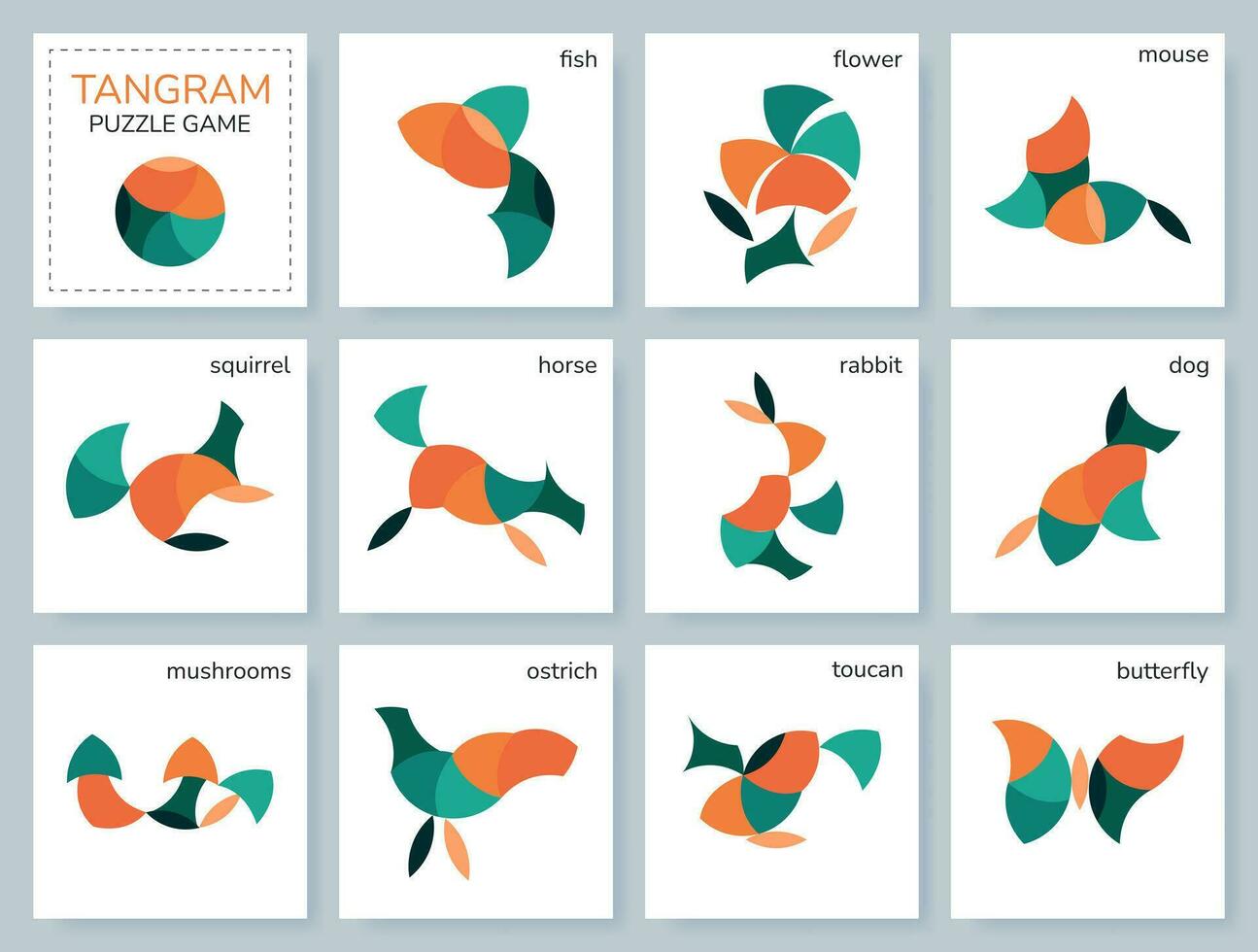 tangram puzzle gioco per bambini. colorato geometrico collezione con isolato oggetti, impianti, animali, uccelli, pesce. vietnamita gioco. vario icone su bianca sfondo. vettore illustrazione