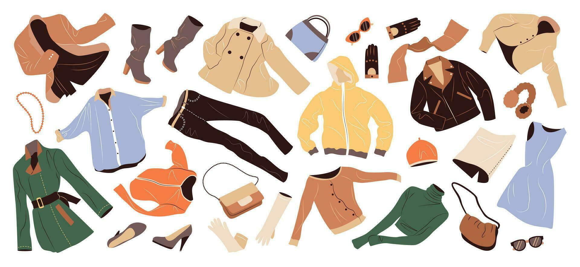 impostato di moda Abiti per donne. casuale indumenti e Accessori per primavera e autunno. cappotto, vestire, giacca, borse, scarpe, i pantaloni volare. piatto vettore illustrazioni isolato su bianca sfondo.