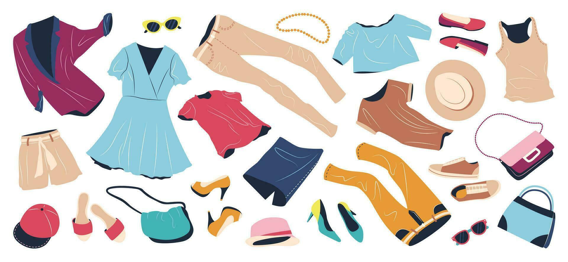 impostato di moda Abiti per donne. casuale indumenti e Accessori per primavera e estate. giacca, borse, scarpe, i pantaloni, vestire, cappelli volare. piatto vettore illustrazioni isolato su bianca sfondo.