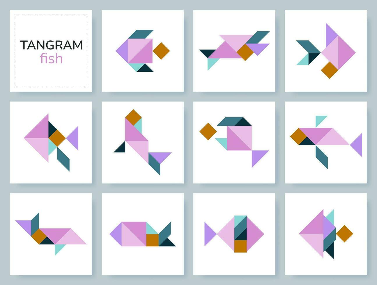 tangram puzzle gioco per bambini. geometrico colorato collezione con vario isolato pesce e marino animali. isolato tangram mare e oceano vita icone su bianca sfondo. vettore illustrazione