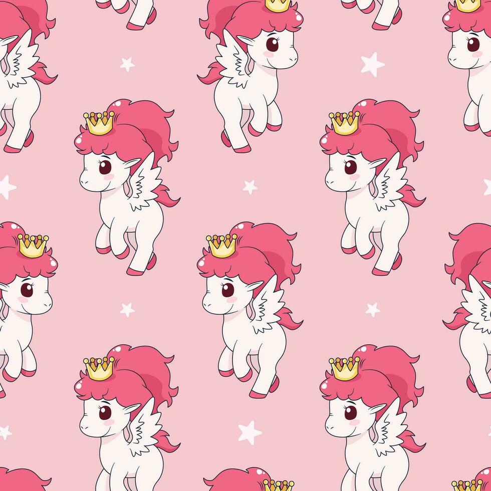 senza soluzione di continuità modello con carino Magia pony con Ali, corona e stelle. ripetuto piastrella con cartone animato personaggi su rosa sfondo. infantile vettore design per tessuto, Stampa, involucro, tessile, Stampa per bambini.