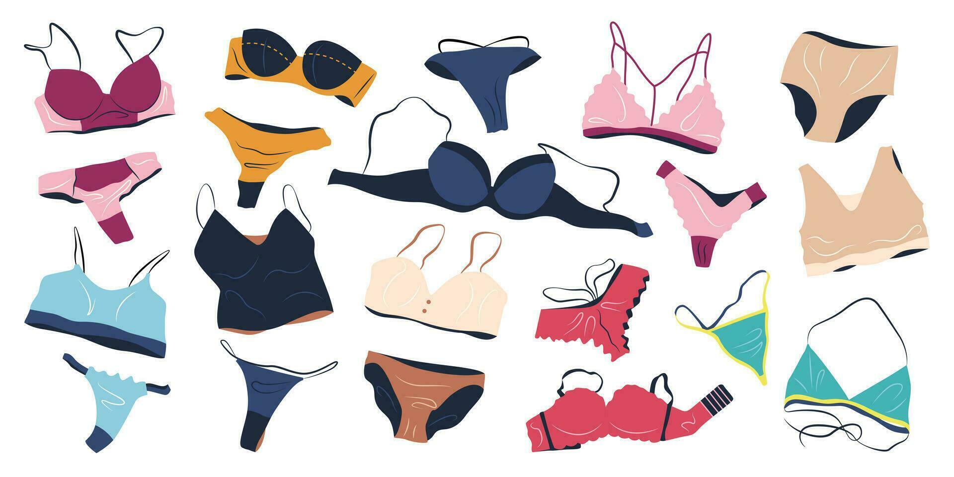 fascio di femmina biancheria intima imposta isolato su bianca sfondo. collezione di elegante indumenti intimi, sexy biancheria intima, reggiseni, bikini e mutandine per donne. mano disegnato colorato piatto vettore illustrazioni.