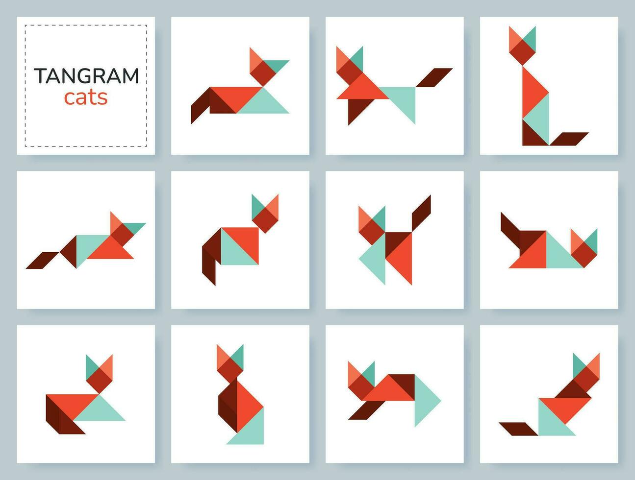 tangram puzzle gioco per bambini. colorato geometrico collezione con isolato gatti nel vario pose. icone con animali domestici su bianca sfondo. vettore illustrazione