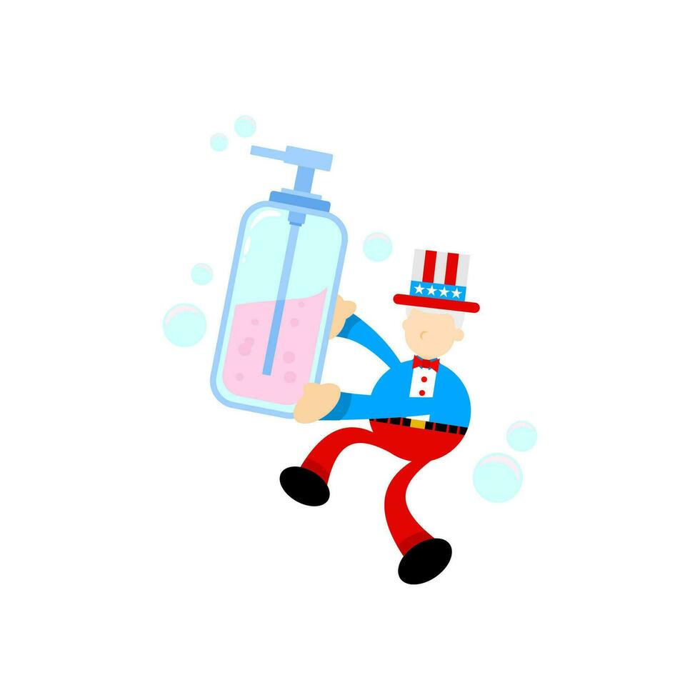 America zio sam e sapone disinfettante igiene cartone animato piatto design illustrazione vettore