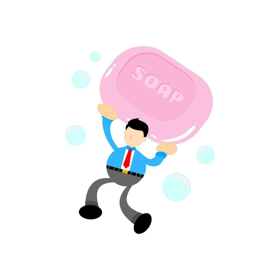 uomo d'affari e sapone disinfettante igiene cartone animato piatto design illustrazione vettore