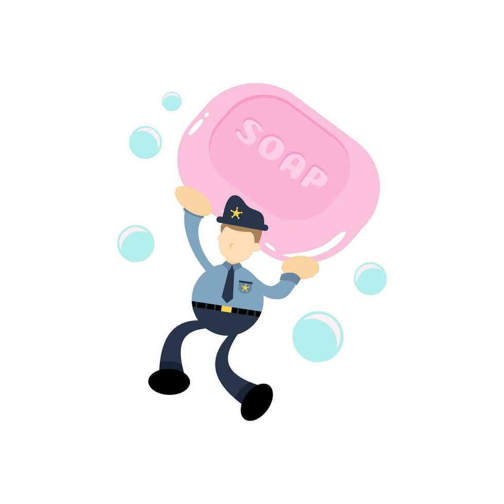 polizia e sapone disinfettante igiene cartone animato piatto design illustrazione vettore