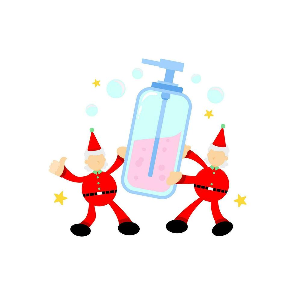 Santa Natale e sapone disinfettante igiene cartone animato piatto design illustrazione vettore