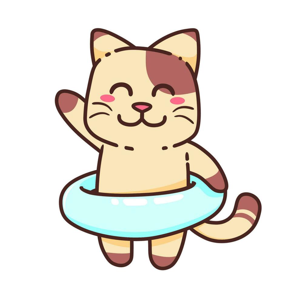 carino adorabile contento Marrone gatto nuotare con blu nuoto boa cartone animato scarabocchio vettore illustrazione piatto design stile