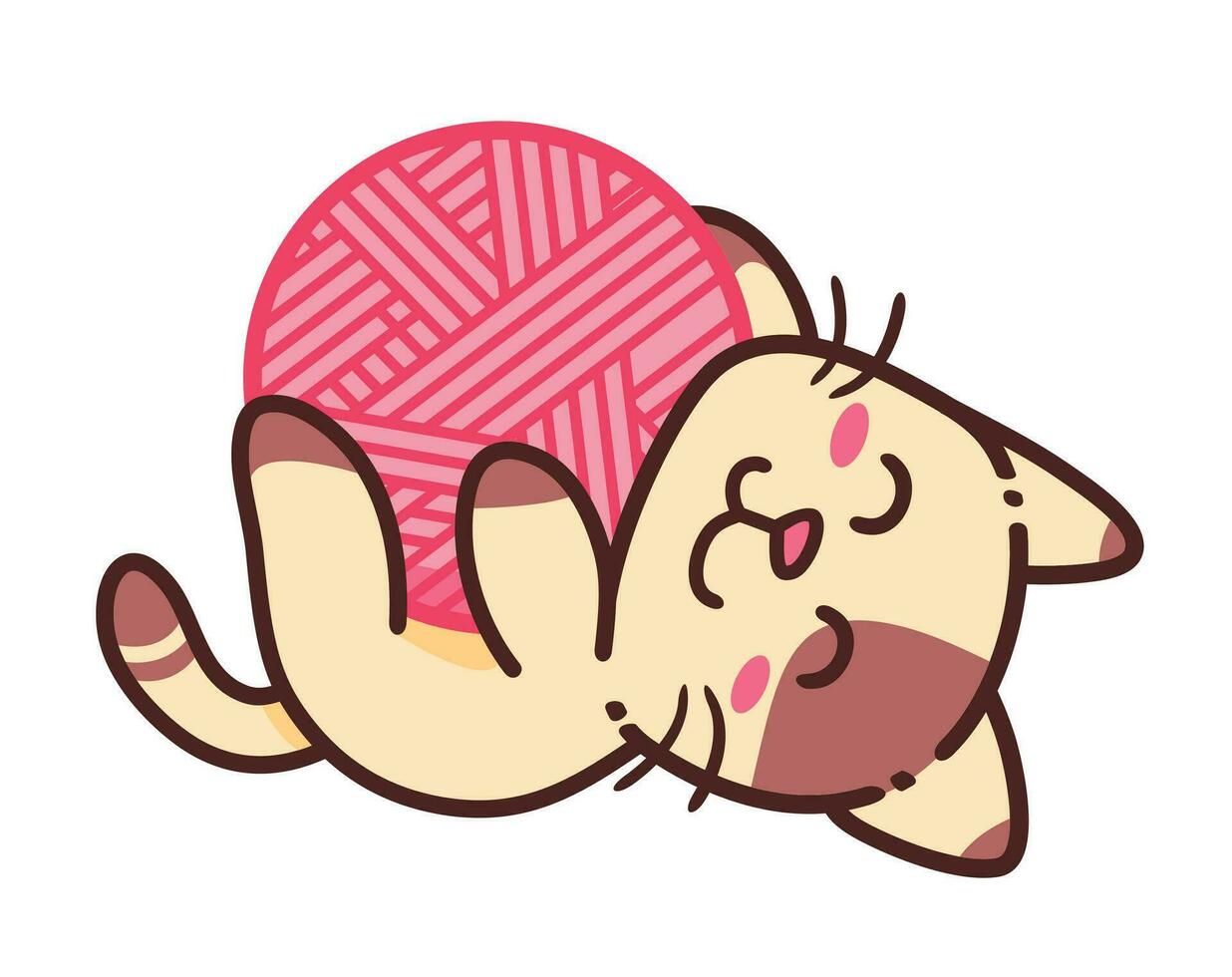 carino adorabile contento Marrone gatto giocare con rosa lana rotolo cartone animato scarabocchio vettore illustrazione piatto design stile