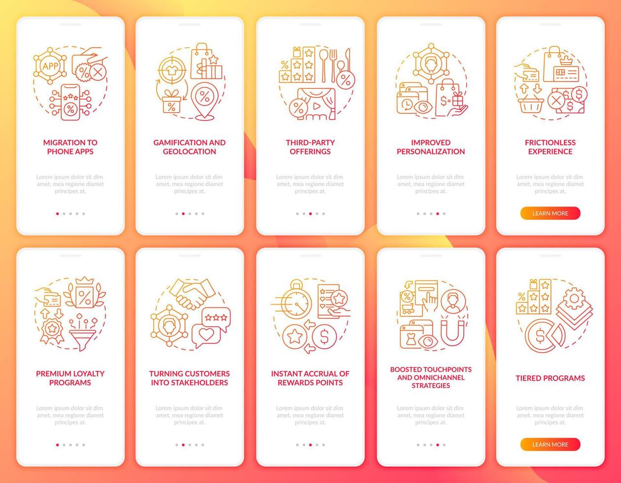 set di schermate della pagina dell'app mobile onboarding del sistema di ricompensa dei clienti con gradiente rosso vettore