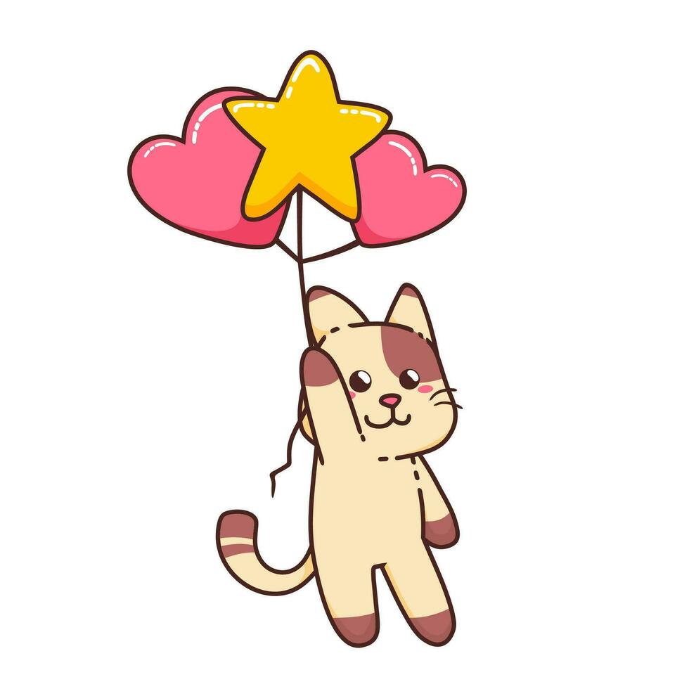carino adorabile contento Marrone gatto volare con stella e amore Palloncino cartone animato scarabocchio vettore illustrazione piatto design stile