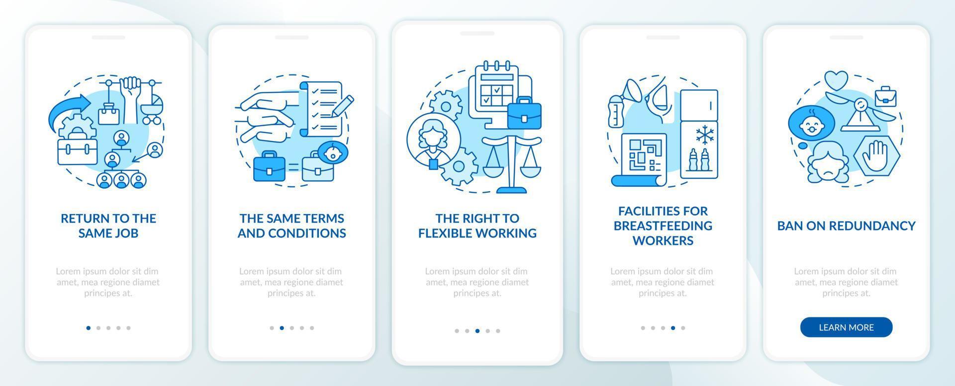 torna al lavoro schermata blu della pagina dell'app mobile onboarding dei diritti dei dipendenti vettore