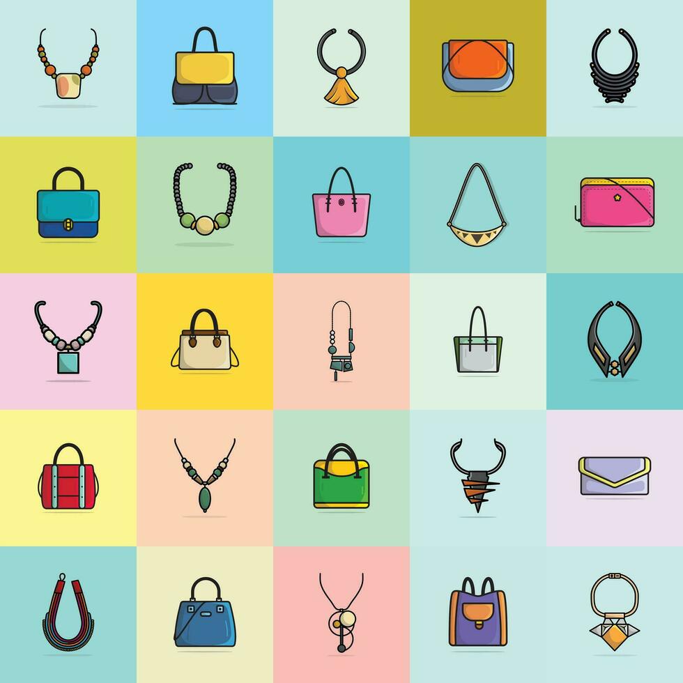 collezione di 25 donne evento borse e nuovo arrivo donne collane vettore illustrazione. bellezza moda oggetti icona concetto. impostato di donne moda gioielleria Accessori vettore design.