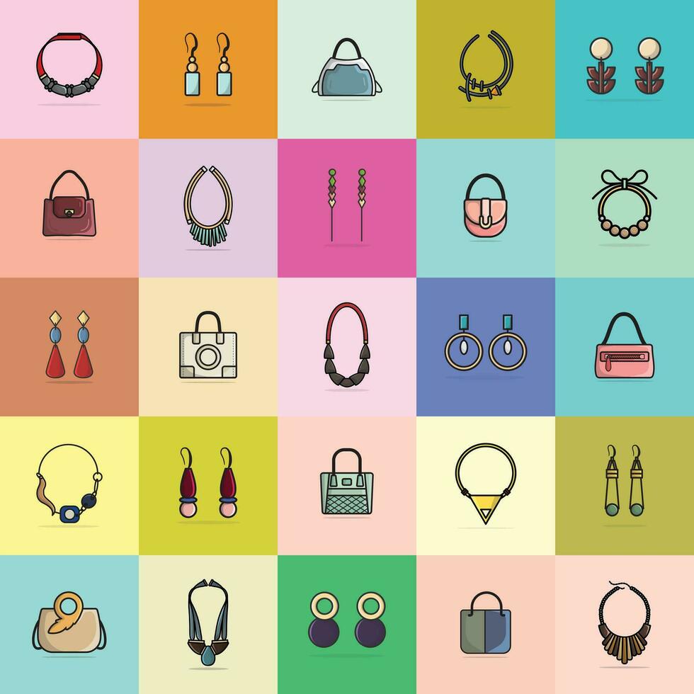 collezione di 25 donne colorato moda evento orecchini, borse e collo collane vettore illustrazione. bellezza moda oggetti icona concetto. impostato di donne moda gioielleria Accessori vettore design.