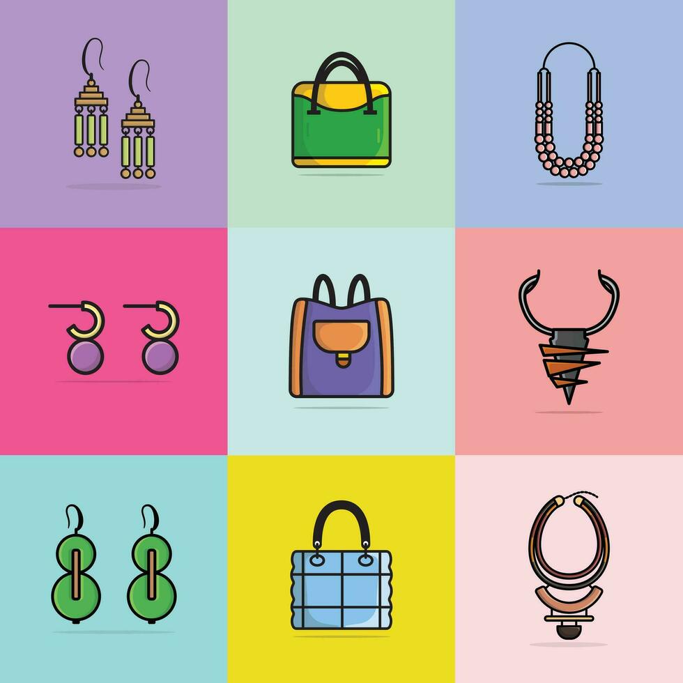 collezione di 9 unico stile le signore evento orecchini, borse e collane vettore illustrazione. bellezza moda oggetti icona concetto. impostato di donne moda gioielleria Accessori vettore design.