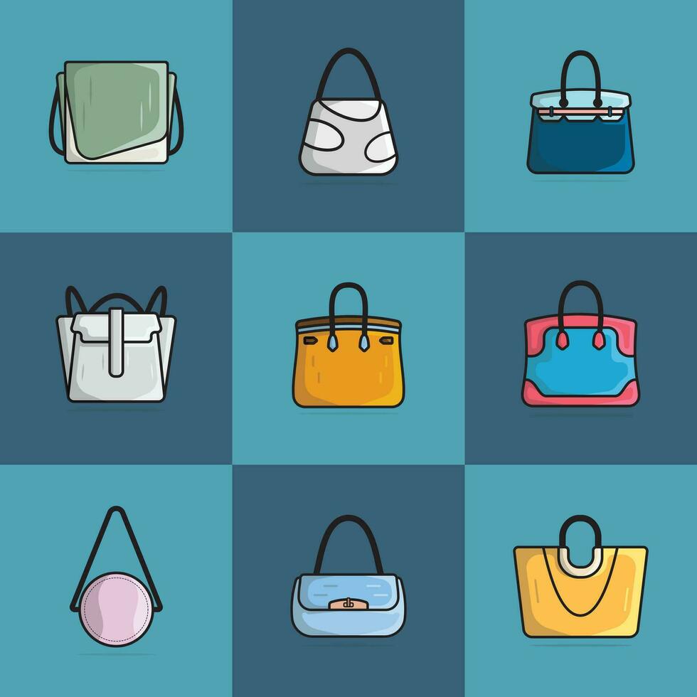 collezione di 9 donne moda frizione pelle borse o borse vettore illustrazione. bellezza moda oggetti icona concetto. impostato di moderno sera borse vettore design.