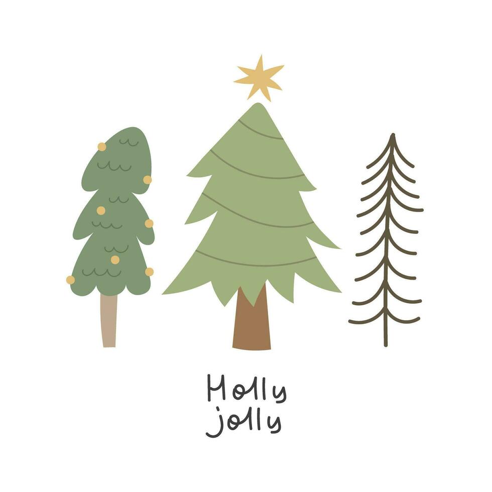 agrifoglio allegro. cartone animato Natale alberi, mano disegno lettering vettore