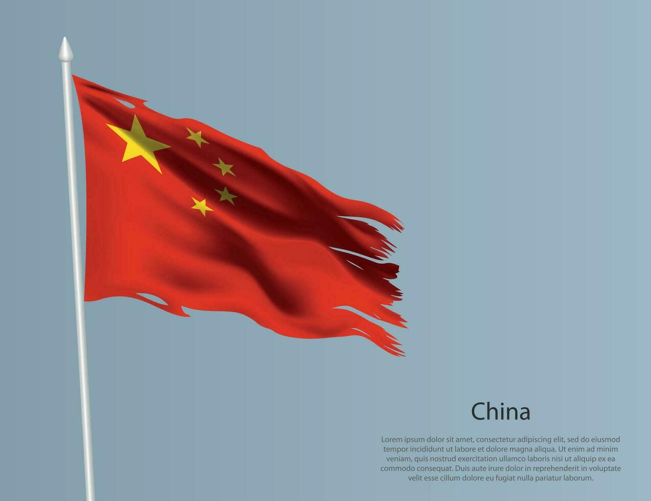 cencioso nazionale bandiera di Cina. ondulato strappato tessuto su blu sfondo vettore