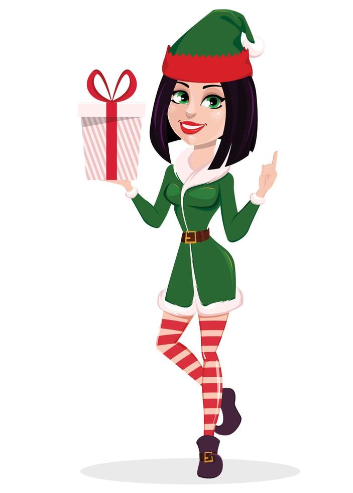 buon Natale. elfo donna che tiene scatola regalo. vettore