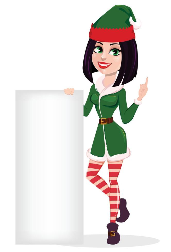 buon Natale. donna elfo in piedi vicino a un cartello bianco vettore