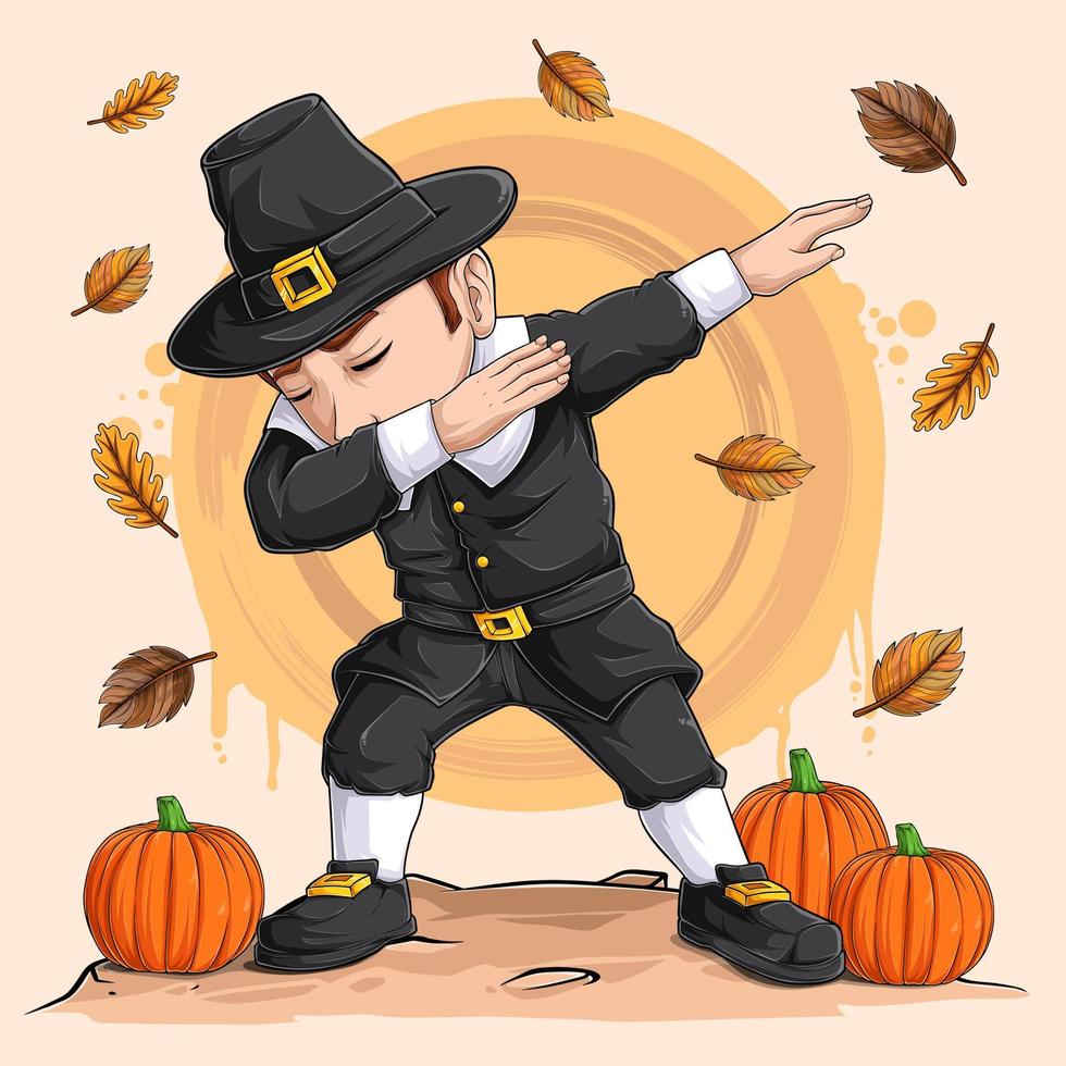 piccolo ragazzo pellegrino che fa danza tamponando per il ringraziamento, la giornata nazionale della zucca e la festa del raccolto vettore