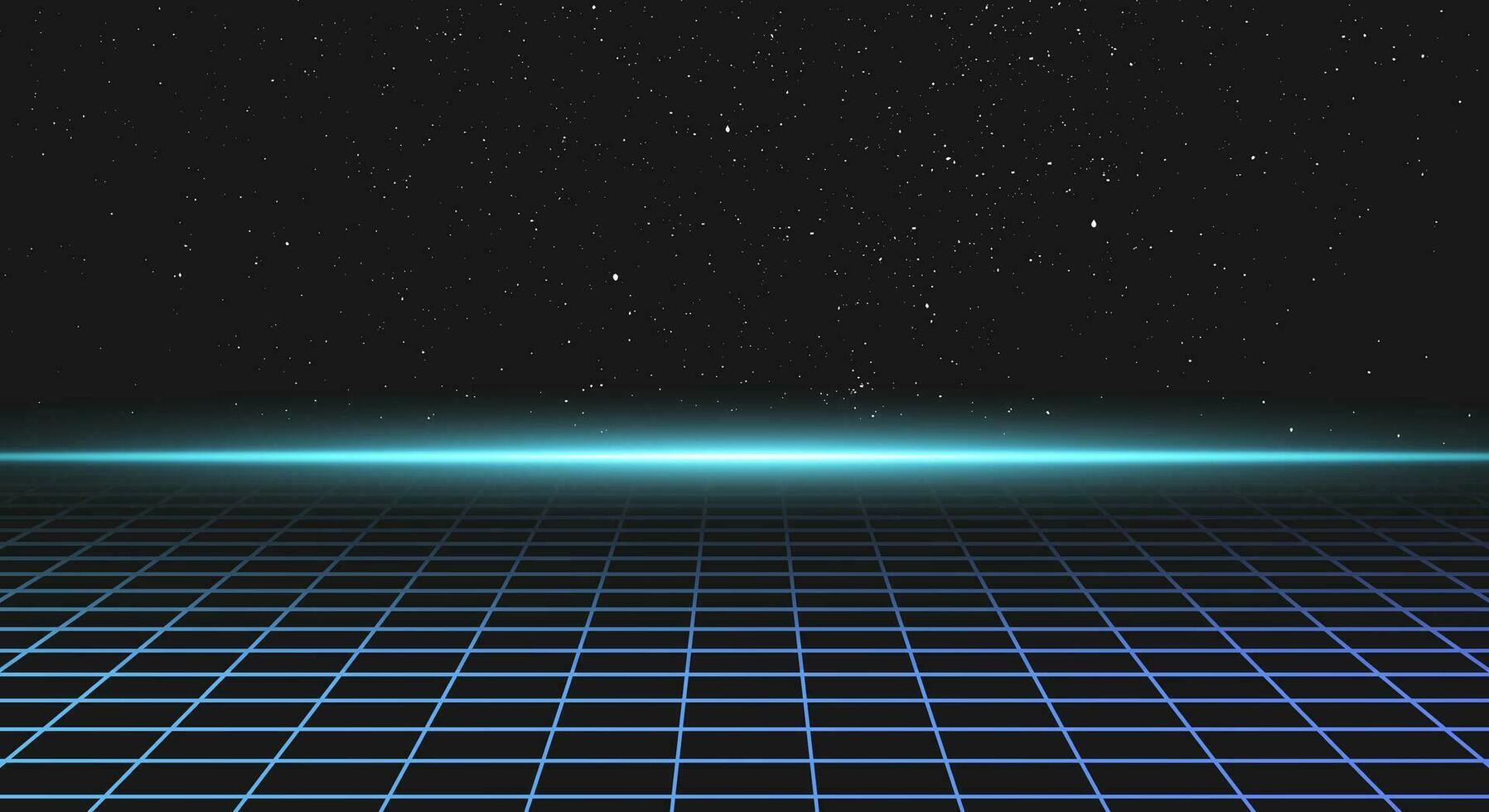 synthwave paesaggio con griglia, raggio di leggero su il orizzonte e stelle nel il sfondo. anni 80 galassia orizzonte. laser geometrico 3d grafico. anni 90 superare design. cyberpunk vibrazioni. futuristico neon disposizione. vettore