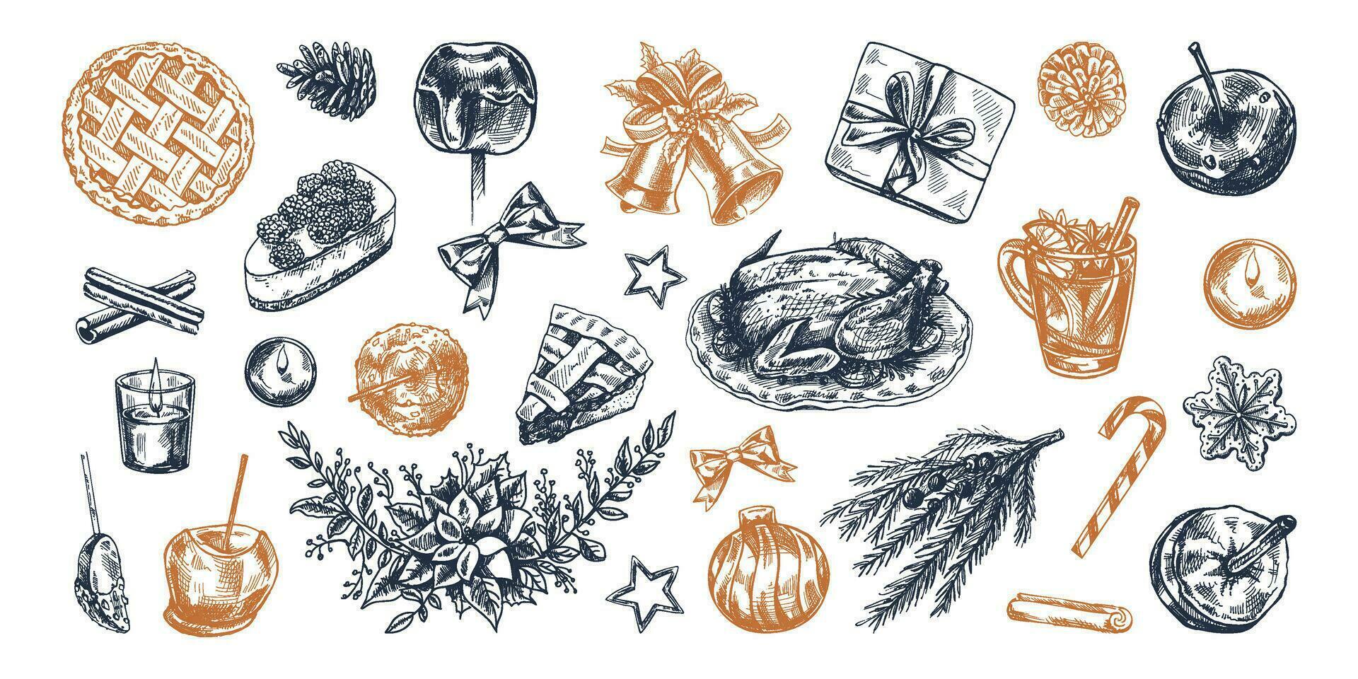 disegnato a mano Natale impostato nel schizzo stile. festivo decorazione - ghirlanda, regalo, dolci, cibo, Natale albero arredamento, bevande e spezie schizzi. Vintage ▾ design elementi per inverno vacanza. inciso. vettore