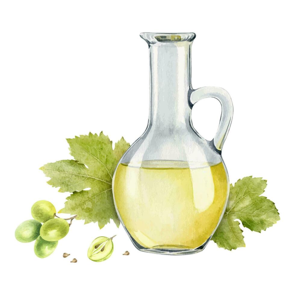 brocca con uva seme olio. un' caraffa con uva succo. naturale verdura olio. uva seme olio nel bicchiere bottiglia. isolato acquerello illustrazione. per il design di etichette di vino, uva succo, cosmetici. vettore