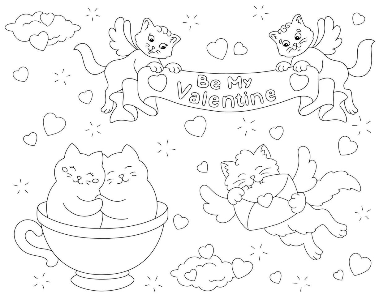 gatti amorevoli. pagina del libro da colorare per bambini. San Valentino. personaggio in stile cartone animato. illustrazione vettoriale isolato su sfondo bianco.
