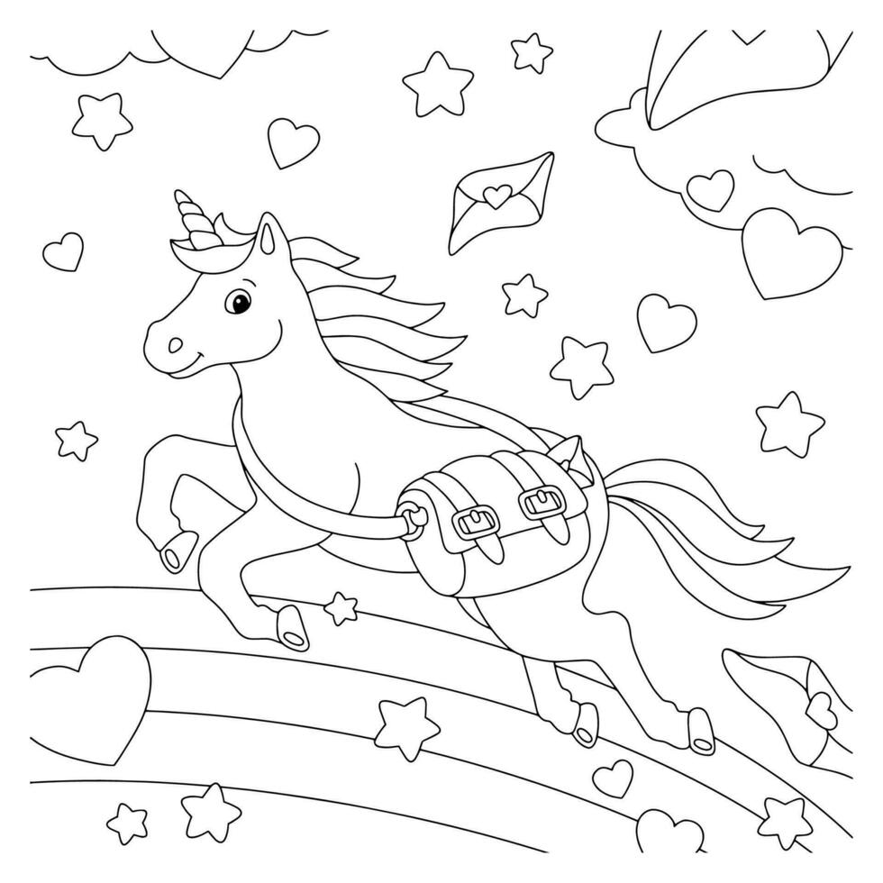 unicorno postino con un' Borsa di amore lettere. colorazione libro pagina per bambini. San Valentino giorno. cartone animato stile carattere. vettore illustrazione isolato su bianca sfondo.