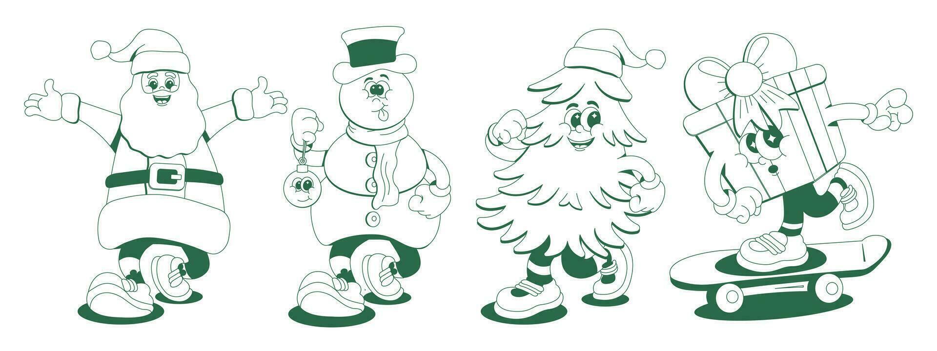 divertente retrò cartone animato personaggi allegro Natale. impostato di vettore adesivi nel 70s stile monocromo.