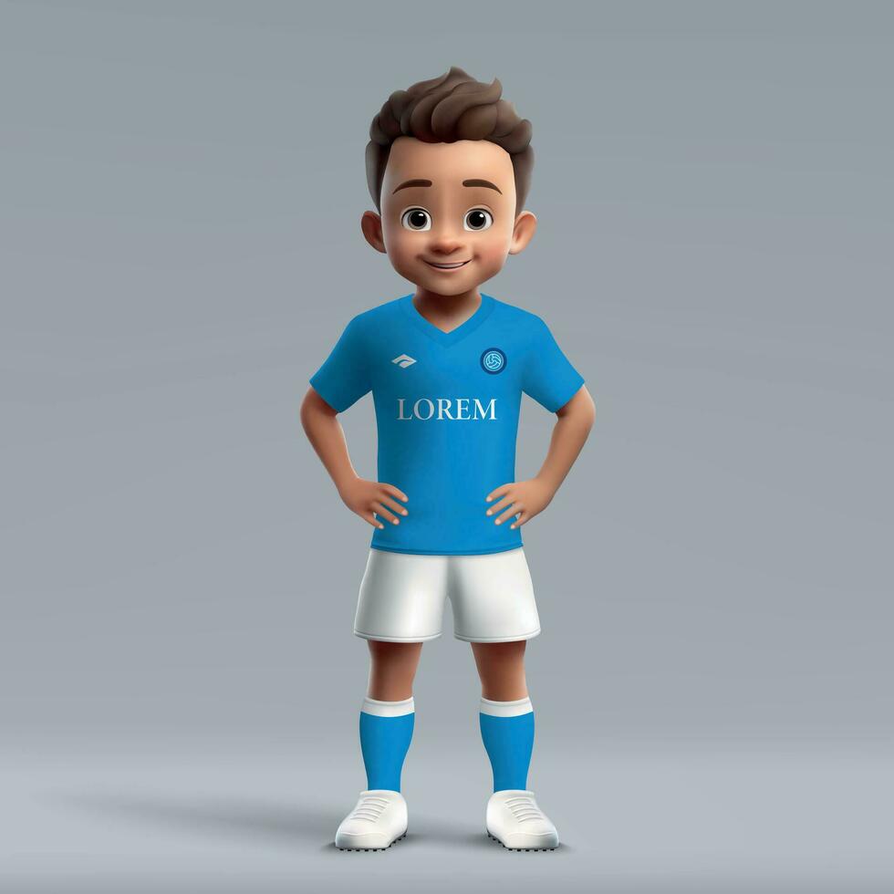 3d cartone animato carino giovane calcio giocatore nel calcio uniforme. vettore