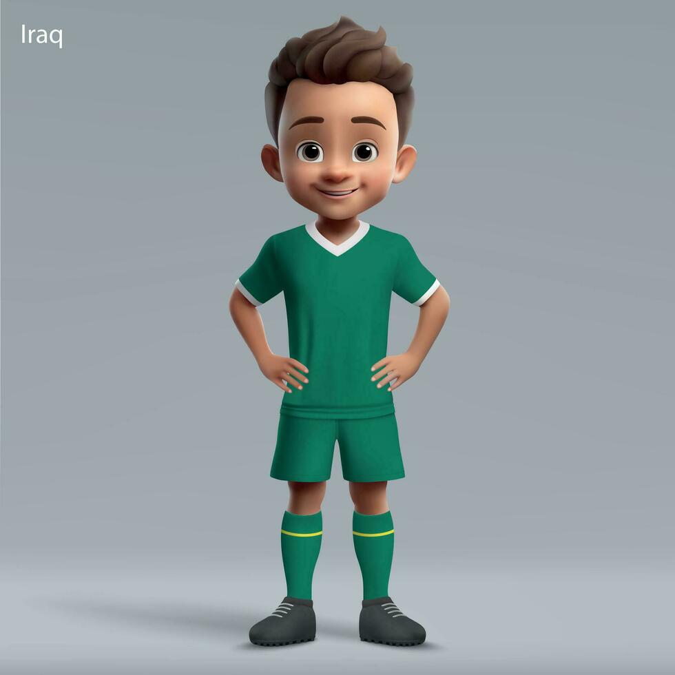 3d cartone animato carino giovane calcio giocatore nel Iraq nazionale squadra kit vettore