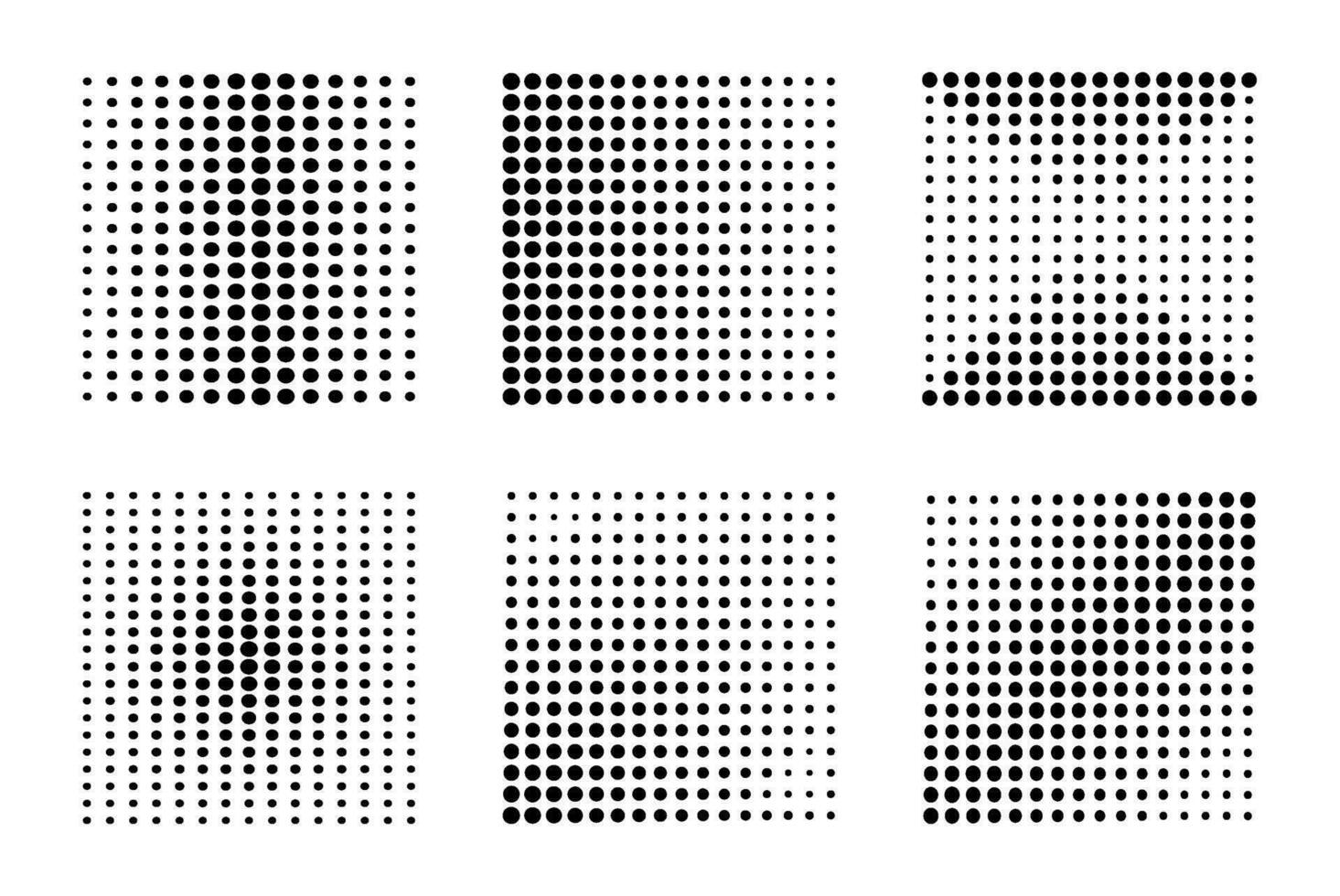 pop arte metà tono tratteggiata nero isolato elementi. 6 piazze pieno con diverso dimensione punti. retrò o manga sfondo elemento. vettore