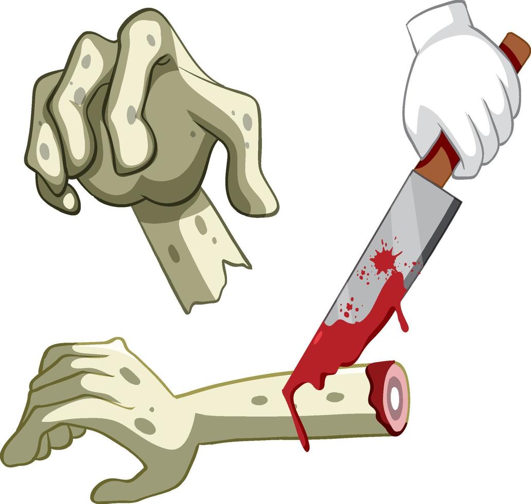 tagliare la mano di zombie con il coltello su sfondo bianco vettore