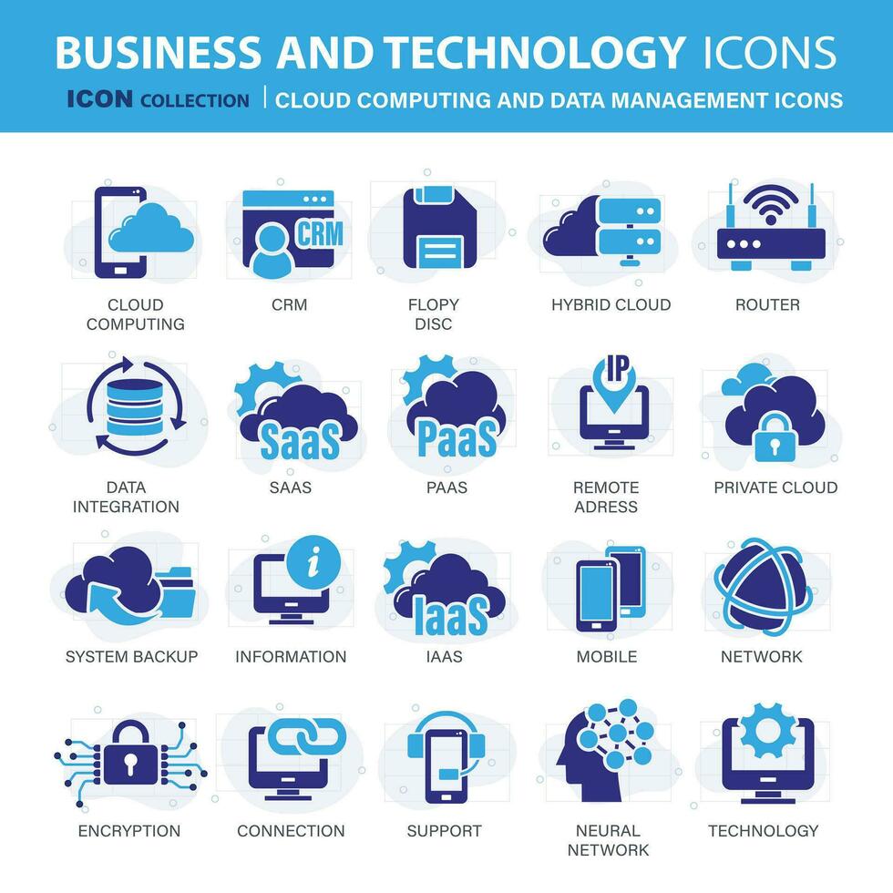 tecnologia, nube calcolo e dati gestione icona impostare. mobile, informatica, connessioni, nube e networking icona impostare. icone vettore collezione