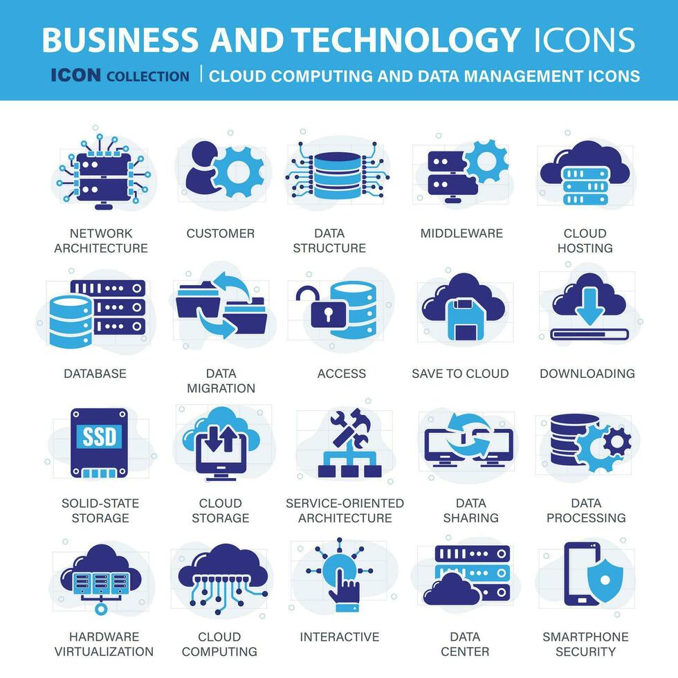 tecnologia, nube calcolo e dati gestione icona impostare. mobile, informatica, connessioni, nube e networking icona impostare. icone vettore collezione