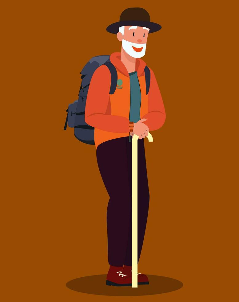 anziano con zaino escursioni a piedi all'aperto. vecchio uomo soggiorno con bastoni. anziano uomo personaggio principale salutare stile di vita, cose da fare gli sport e trekking. uomo con cappello e bianca barba. vettore illustrazione