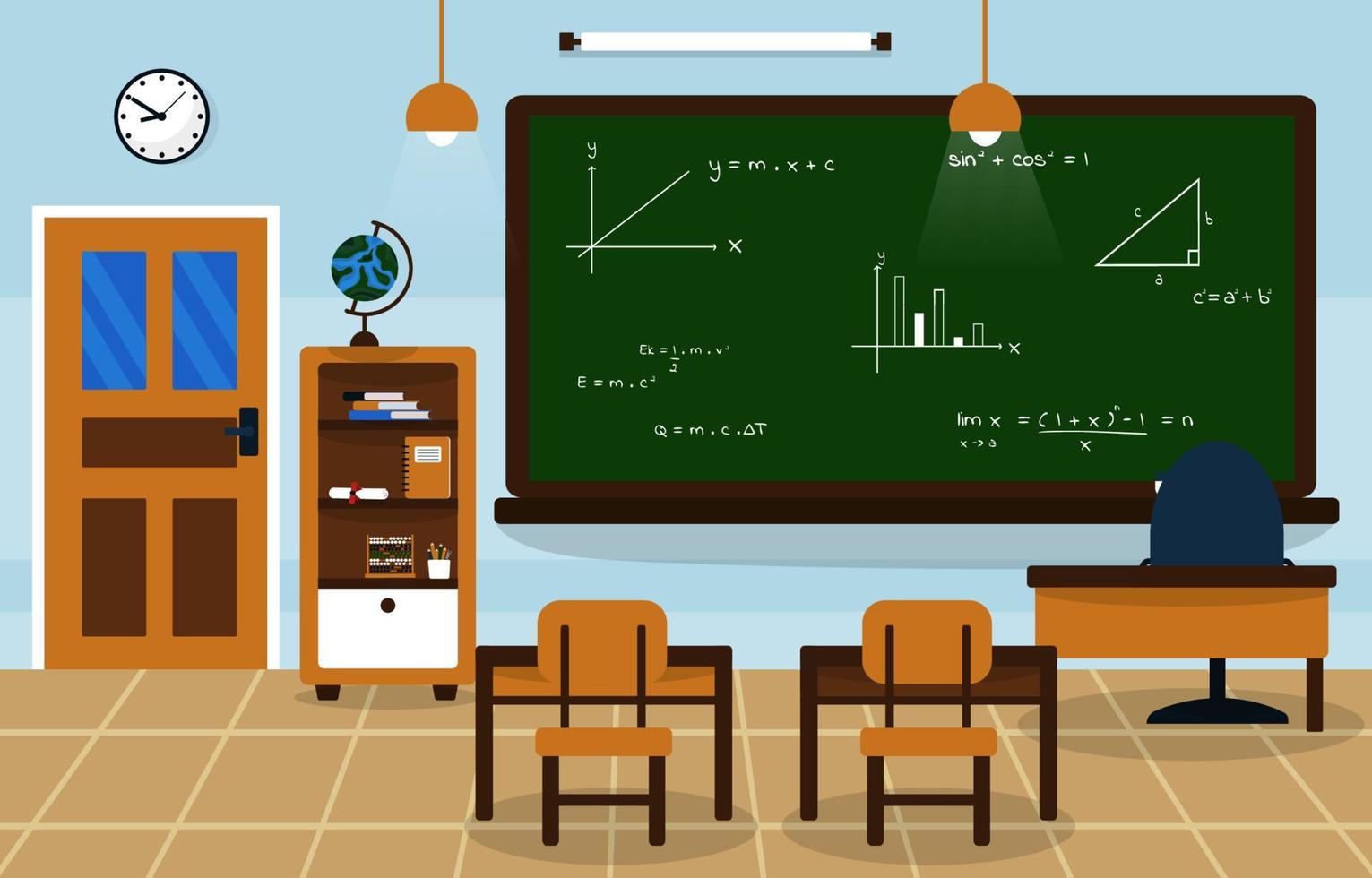 illustrazione di istruzione della sedia del tavolo della lavagna dell'aula della classe della scuola di matematica vettore