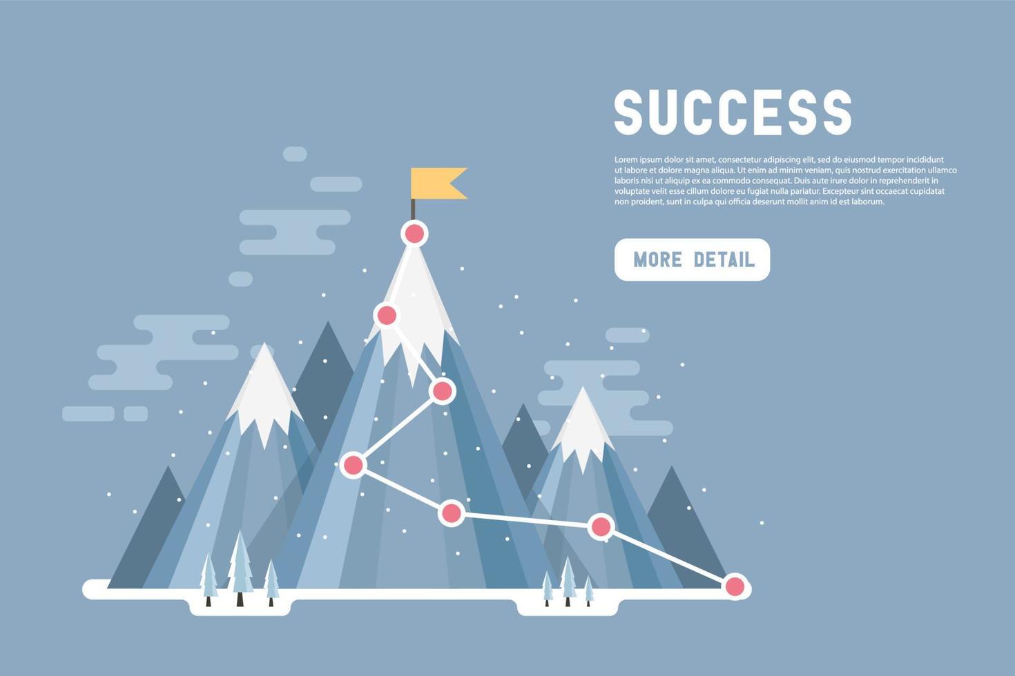 concetto di successo obiettivo aziendale infografica. bandiera sulla cima della montagna di neve. vettore